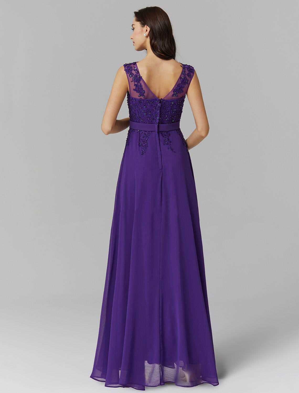 Wholesale A-Line Chinese Style Dress Wedding Guest Prom Floor Length Sleeveless Illusion Neck Chiffon V Back with Beading Appliques